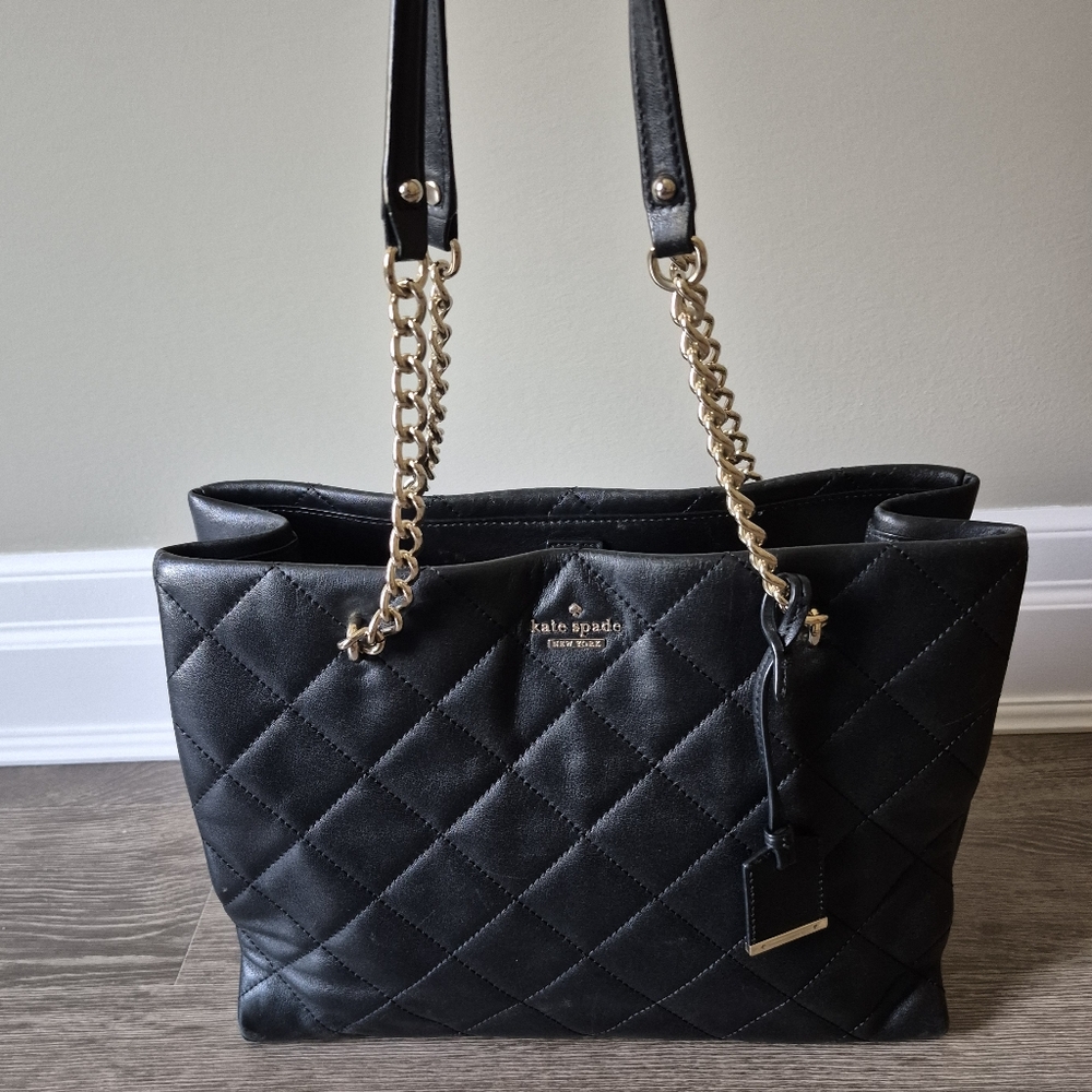 Kate Spade Black Leather Quited Tote Bag. Light Gold Hardware